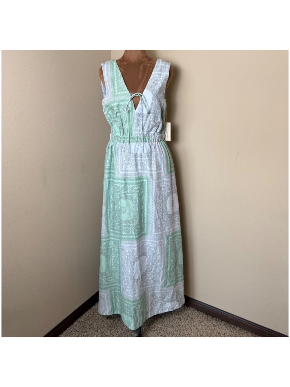 NWT Bandana Print Maxi Dress Womens XS Blue Green Boho Western Cowgirl Paisley